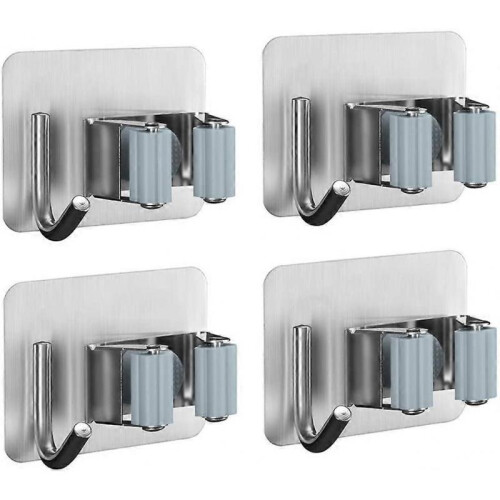 4 Pack Wall Mounted Broom Holder, Stainless Steel Self-Adhesive Mop Holder with Hooks Multi-Function