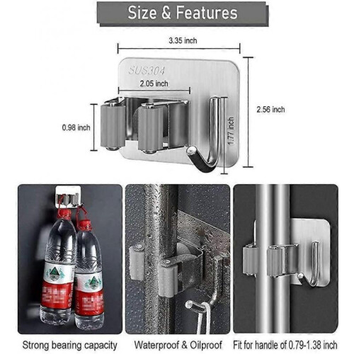 4 Pack Wall Mounted Broom Holder, Stainless Steel Self-Adhesive Mop Holder with Hooks Multi-Function 1