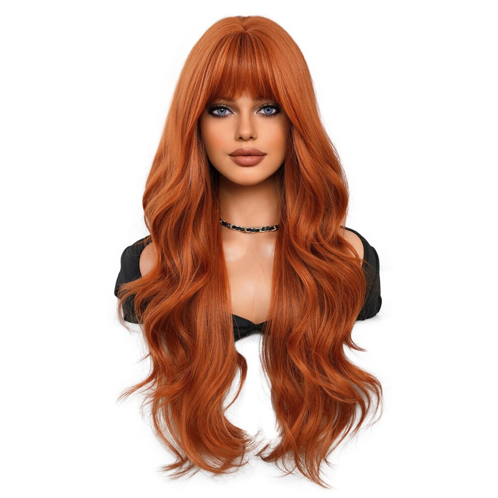 Orange Wigs Long Curly Hair with Straight Bangs Dark Orange Synthetic Fiber High-Temperature Silk Wig