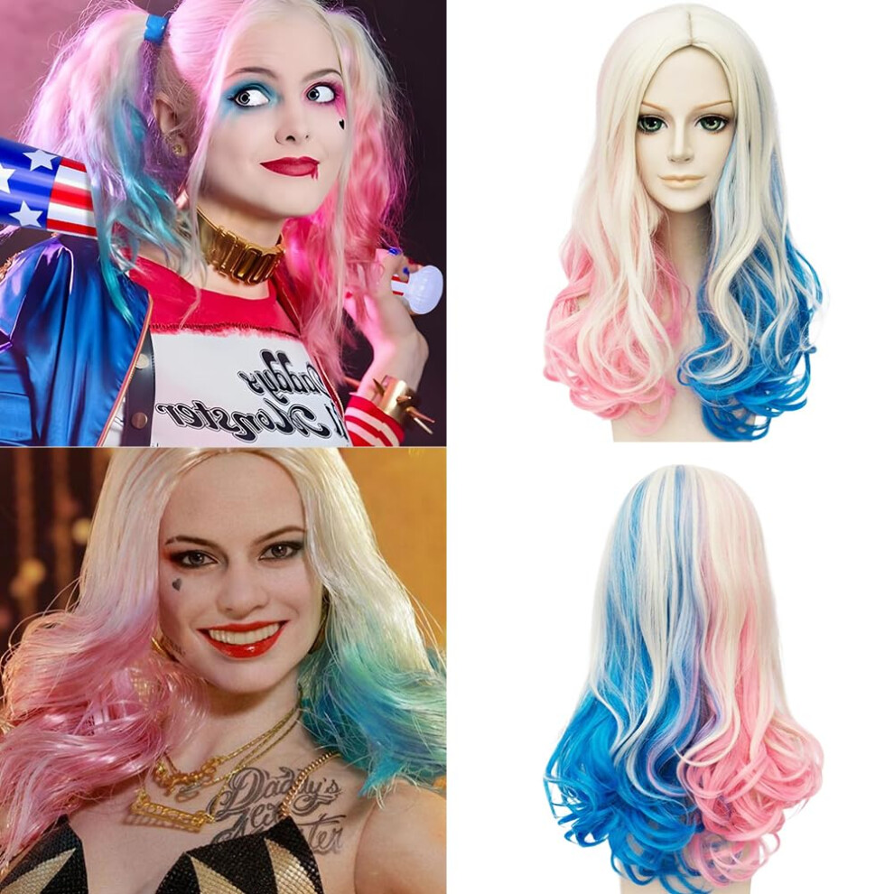 Unisex Blue,Pink Blonde Ombre Blue Pink Curly Wig 24 Inches For Women, No-Bangs Clip-On Ponytail Cosplay Wig For Halloween Costume Party