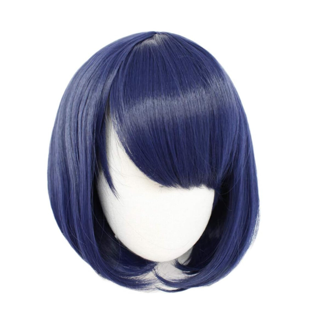 Hair Cap Blue Cosplay Wig Dark Blue Short Wavy Bob with Bangs for Girls Japanese Anime Costumes