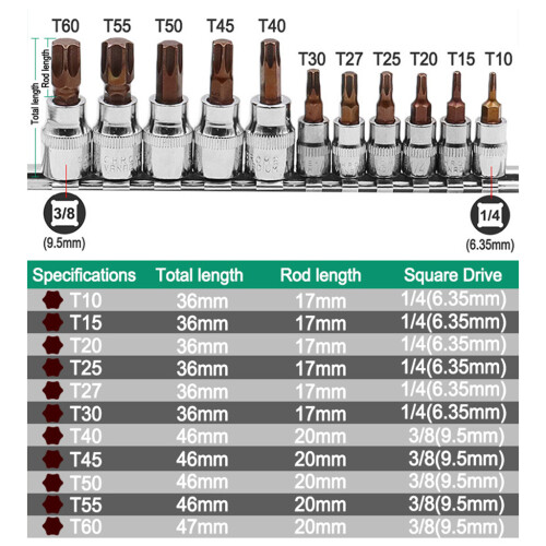 11Pcs T10-T60 3/8" 1/4" Star Torx Bit Socket Kit Chrome-  A 2