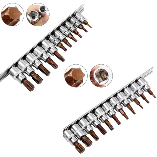 11Pcs T10-T60 3/8" 1/4" Star Torx Bit Socket Kit Chrome-  A 1