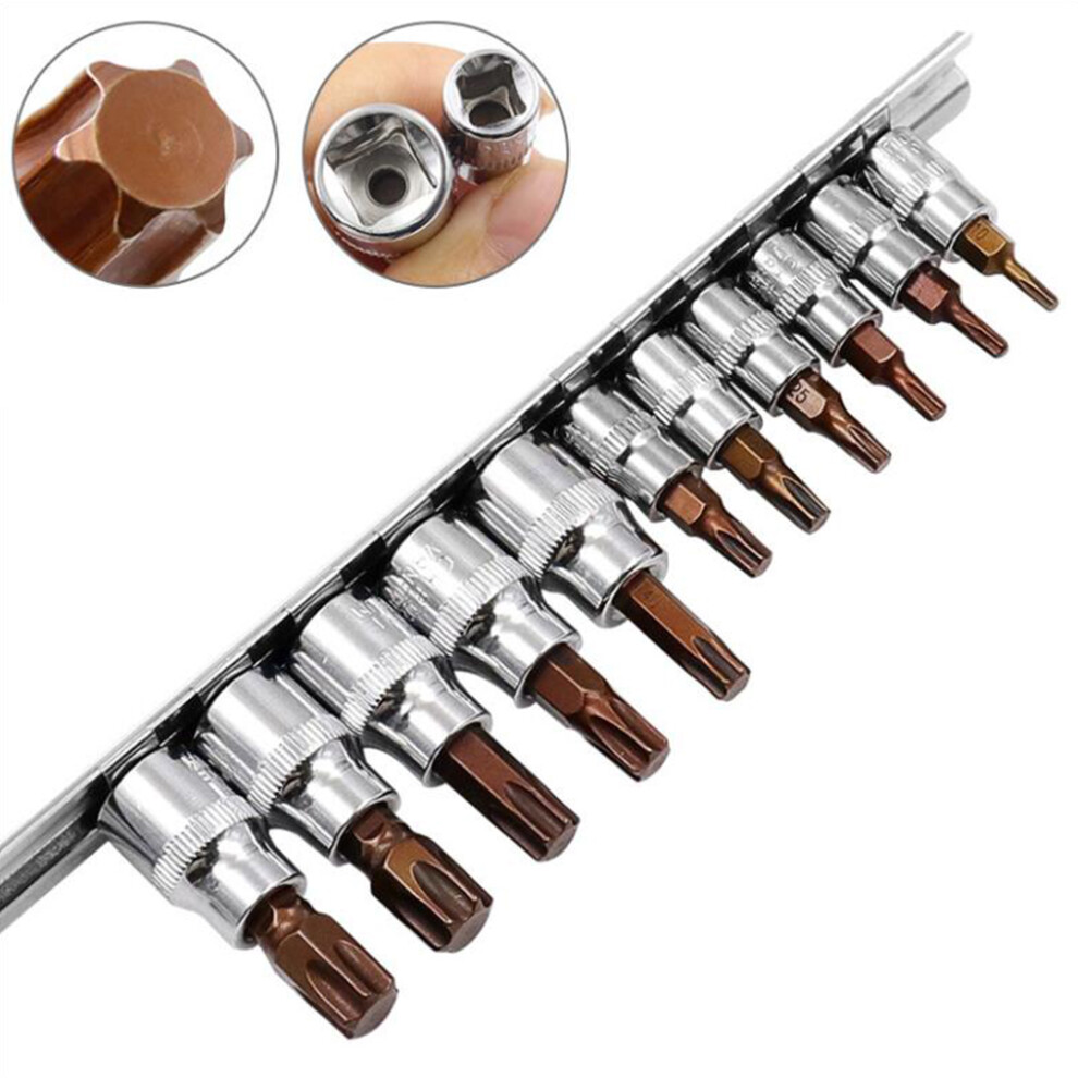 11Pcs T10-T60 3/8" 1/4" Star Torx Bit Socket Kit Chrome- A 7754000105885