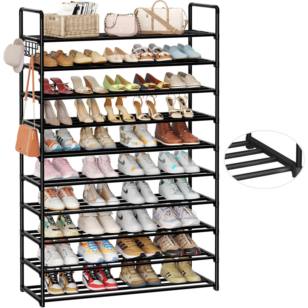 HOMICKER Shoe Rack 10 Tier Shoe Organizer Large Shoe Storage with Hooks Fit 40-50 Pairs Shoes Metal Tall Shoe Shelf for Closet Entryway Gara