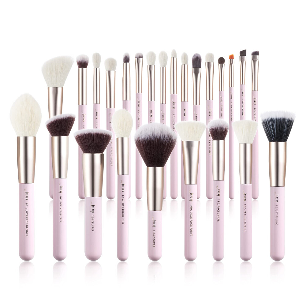 Jessup Pink Makeup Brushes Set Professional 25Pcs Premium Natural Powder Foundation Eyeshadow Blending Concealer Blusher Highlight Labeled Brushes T