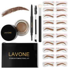 LAVONE Eyebrow Stamp Stencil Kit Brow Stamp Trio Kit with Waterproof Eyebrow Pencil Pomade 20 Eyebrow Stencils Dual-ended Eyebrow Brush and Spong