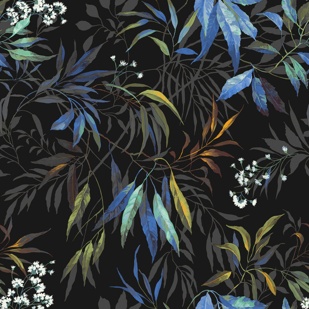 Blue Willow Leaf Wallpaper Botanical Black Teal Feature Wall 5061103676856