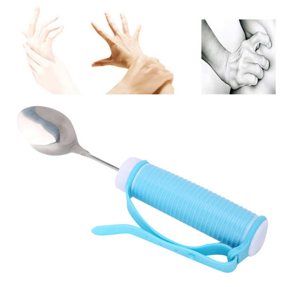 Blue Parkinson Spoon For Elderly - Flexible Rotating Utensils For Arthritis And Handicapped Individuals - Curved Adaptive Eating Tools