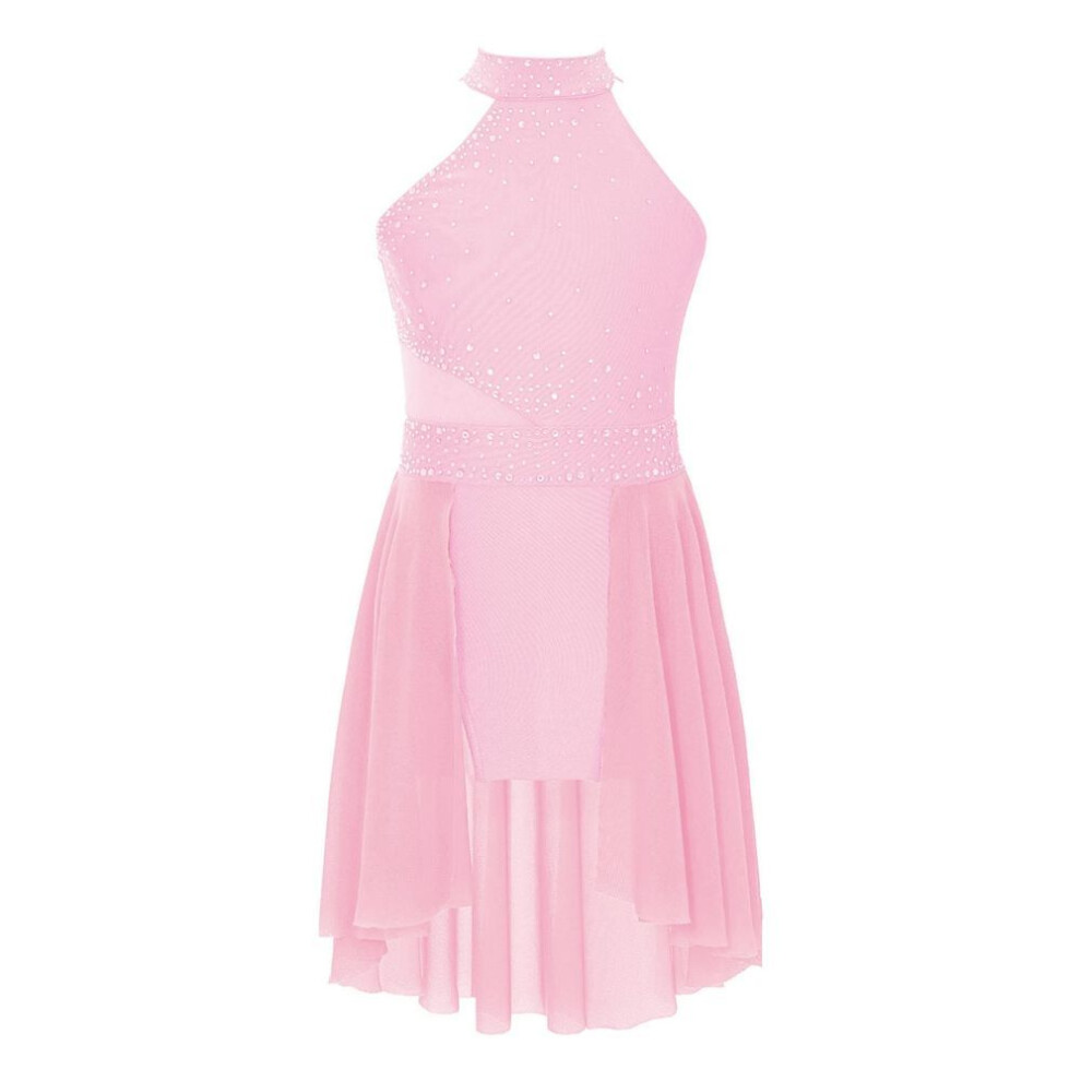 (pink, 11-12 Years) Girls Glittery Rhinestones Leotard Dress Irregular Hem Sleeveless Lyrical Dance Performance Costume-image-OPC-PKDGFBJ-NEW