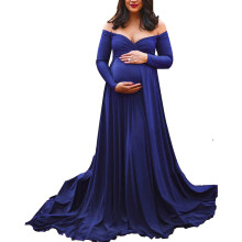 Pregnancy Dress Maxi, Shoulderless V-Neck Maternity Dress for Photography, Floor-Length Festive Party Dress L Blue