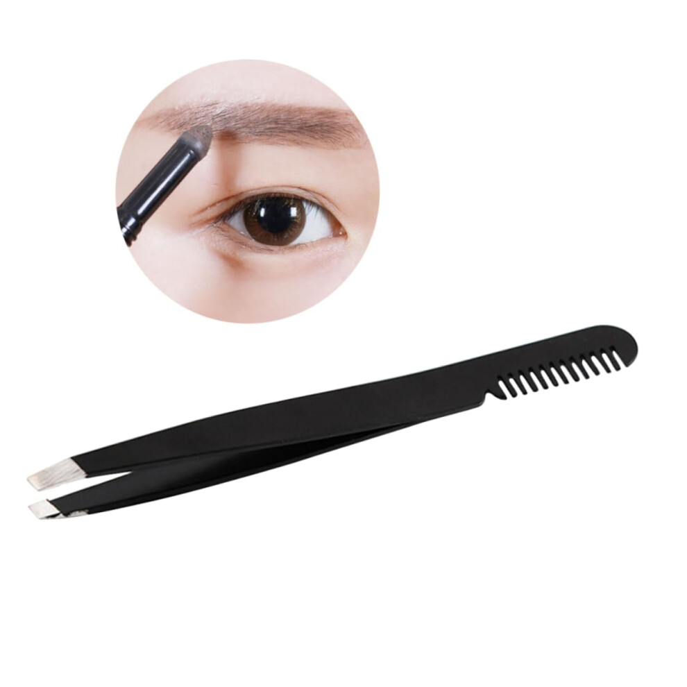 Black Eyebrow Tweezer Clip Brush Set - Straight Stainless Steel Tweezers For Eyelash Extensions And Makeup Application