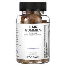 Codeage, Gommes pour Cheveux, Sans Sucre, Fraise, 60 Gommes