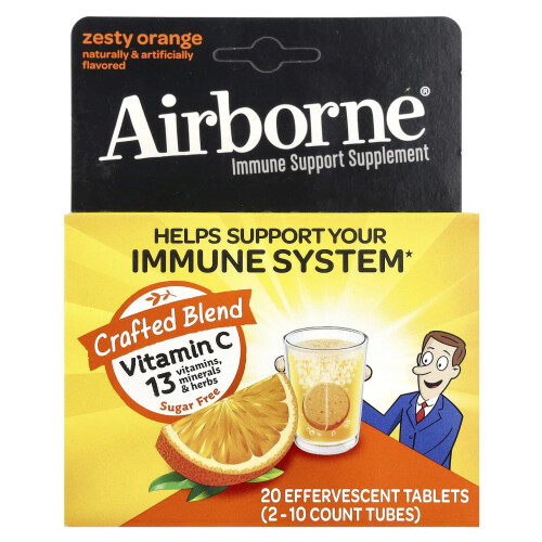 AirBorne, Complément de Soutien Immunitaire, Orange Acidulée, 2 Tubes, 10 Comprimés Effervescents Chacun
