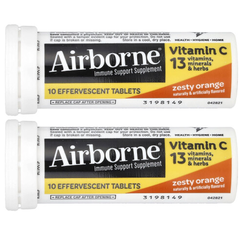AirBorne, Complément de Soutien Immunitaire, Orange Acidulée, 2 Tubes, 10 Comprimés Effervescents Chacun 2
