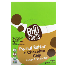 BHU Foods, Barre Protéinée Végétalienne, Beurre de Cacahuète + Pépites de Chocolat, 12 Barres, 1,6 oz (45 g) Chacune