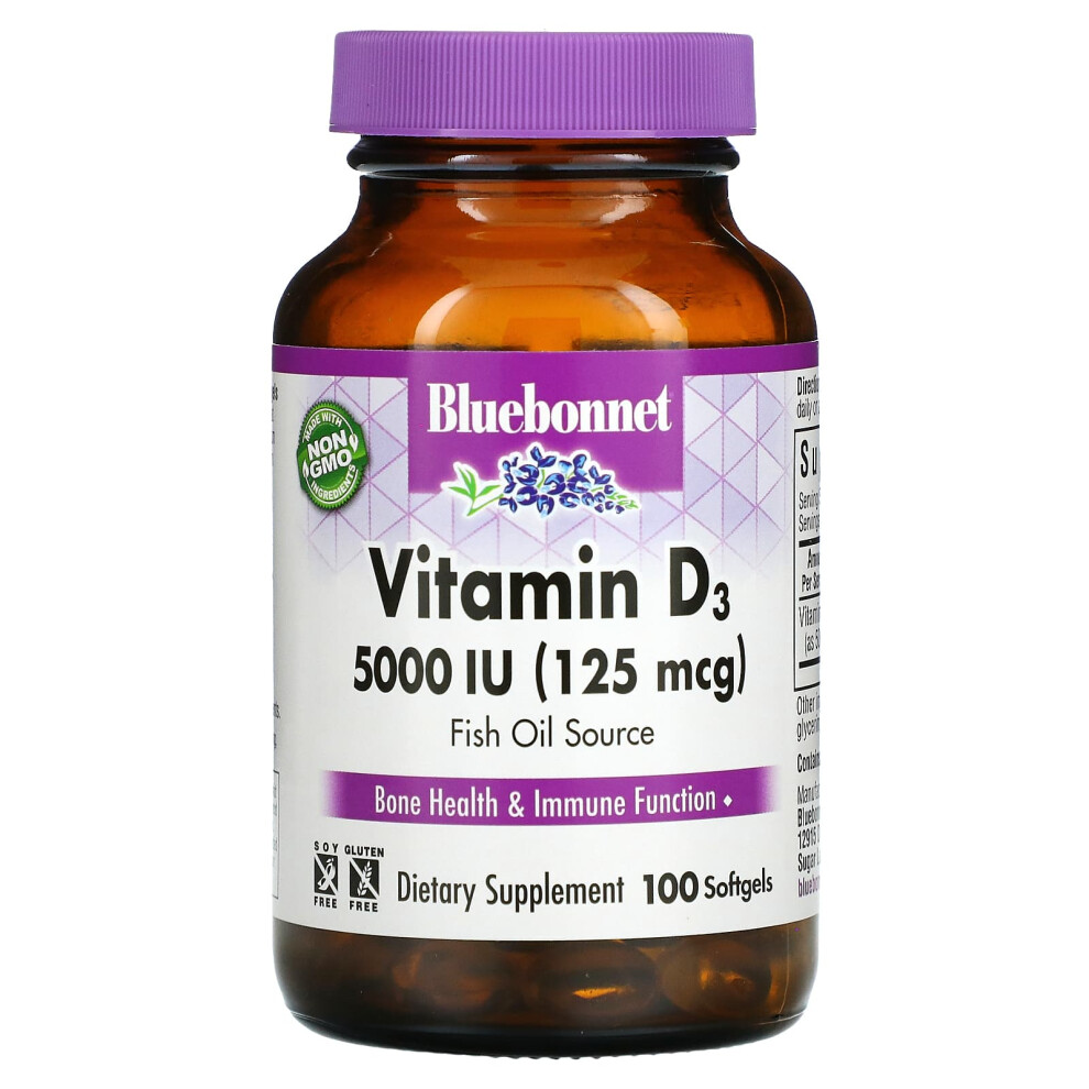Bluebonnet Nutrition , Vitamin D3, 125 Mcg (5,000 Iu), 100 Softgels