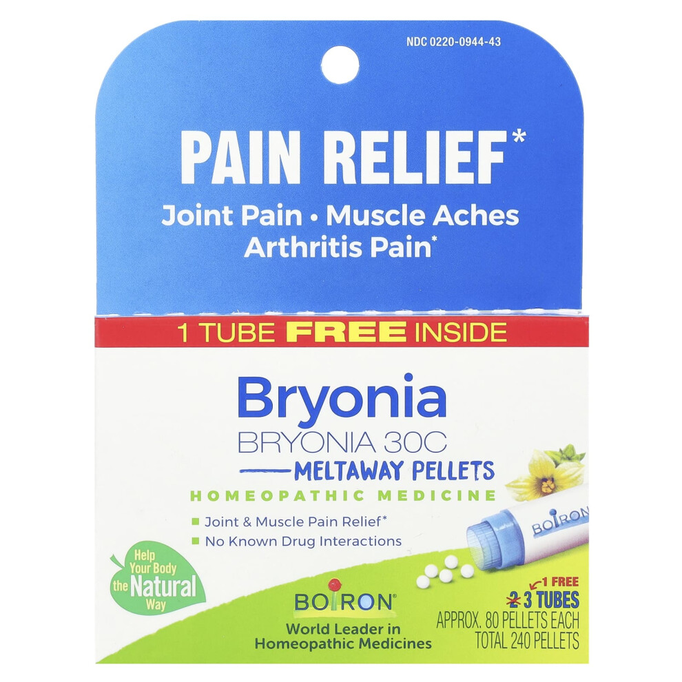 Boiron , Bryonia, Pain Relief, Meltaway Pellets, 30C, 3 Tubes, 80 Pellets Each