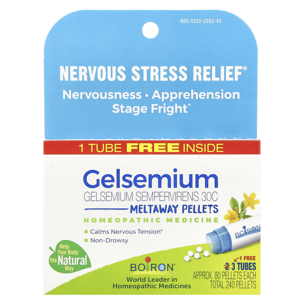 Boiron , Gelsemium, Nervous Stress Relief, Meltaway Pellets, 30C, 3 Tubes, Approx. 80 Pellets Each