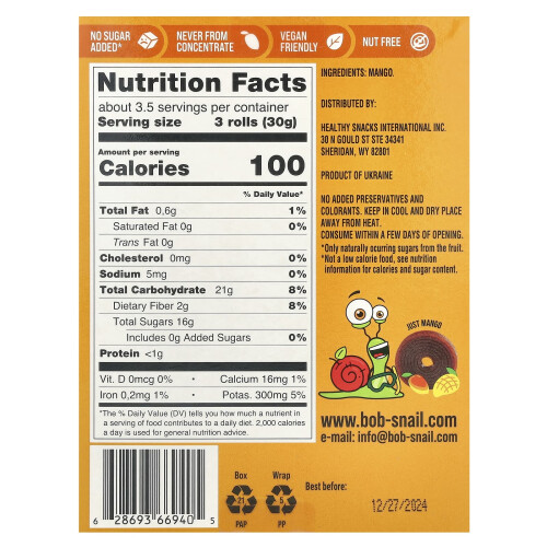 Bob Snail, Fruit Roll, Mango, 10 Pouches, 0.35 oz (10 g) Each 2