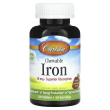 Carlson, Fer à Croquer, Saveur Fraise Naturelle, 30 mg, 120 Comprimés (15 mg par Comprimé)