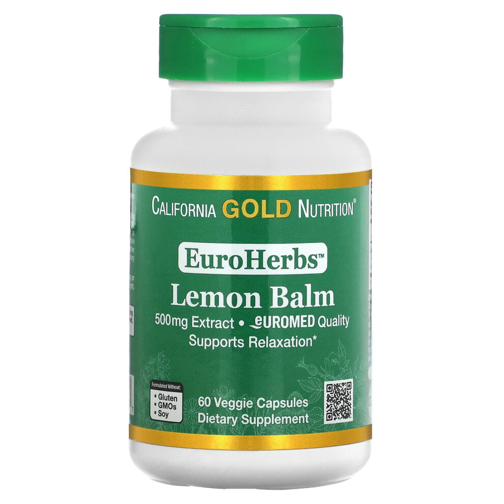 California Gold Nutrition Gold California Nutrition, Euroherbs, Lemon Balm Extract, Euromed Quality, 500 Mg, 60 Veggie Capsules