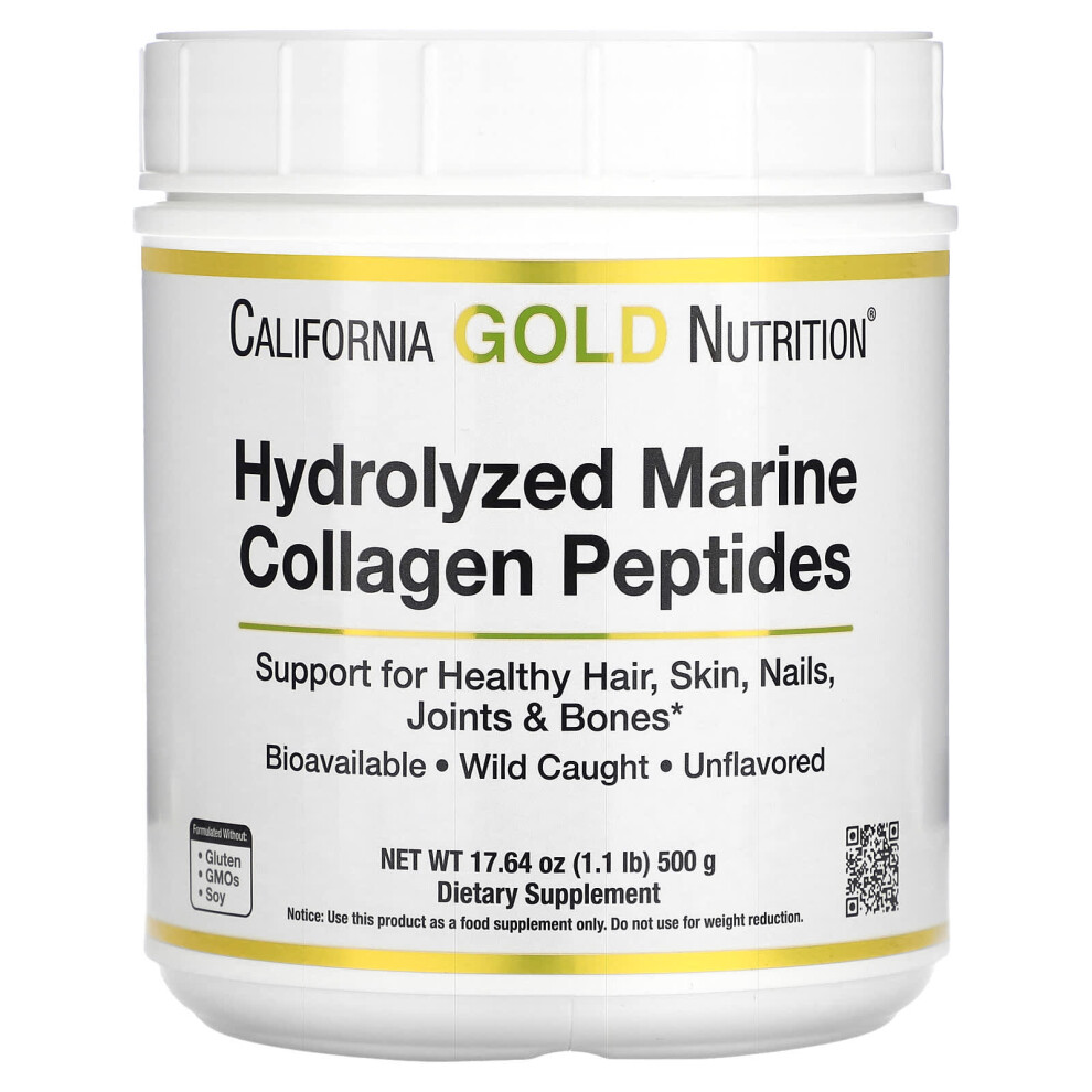 California Gold Nutrition Gold California Nutrition, Hydrolyzed Marine Collagen Peptides, Unflavored, 17.64 Oz (500 G)