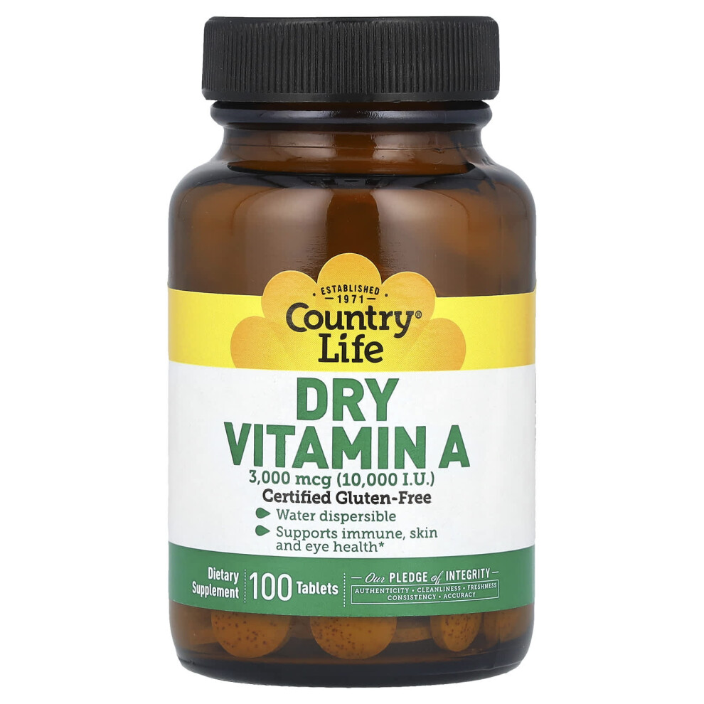 Country Life , Dry Vitamin A, 3,000 Mcg (10,000 Iu), 100 Tablets