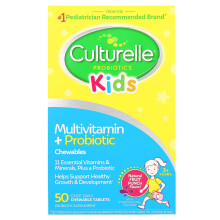 Culturelle, Enfants, Multivitamine + Probiotiques à Croquer, 3 Ans et Plus, Punch aux Fruits Naturel, 50 Comprimés à Croquer