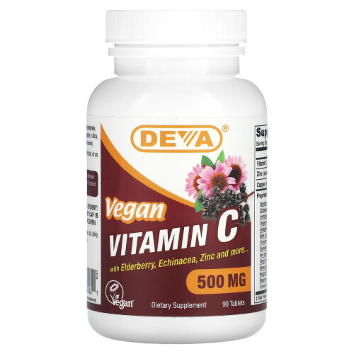 Deva, Vitamine C Végane avec Sureau, Échinacée, Zinc, 500 mg, 90 Comprimés