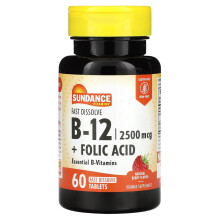 Sundance Vitamins, Schnell Zerfallendes B-12 + Folsäure, Natürliche Beere, 60 Schnell Zerfallende Tabletten