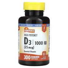 Sundance Vitamins, D3 à Haute Puissance, 25 mcg (1 000 UI), 300 Gélules Molles à Libération Rapide