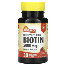 Sundance Vitamins, Ultra Biotine à Dissolution Rapide, Baie Naturelle, 5 000 mcg, 30 Comprimés à Dissolution Rapide