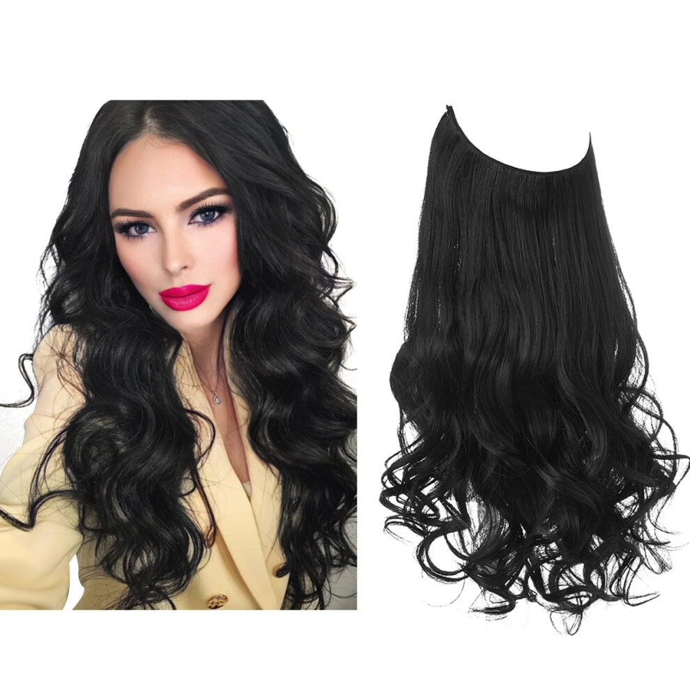 Sarla Invisible Wire Hair Extensions With 3 Clips Long Synthetic Wavy Curly Hairpiece Adjustable Transparent Headband For Women 18 Inch Jet Black