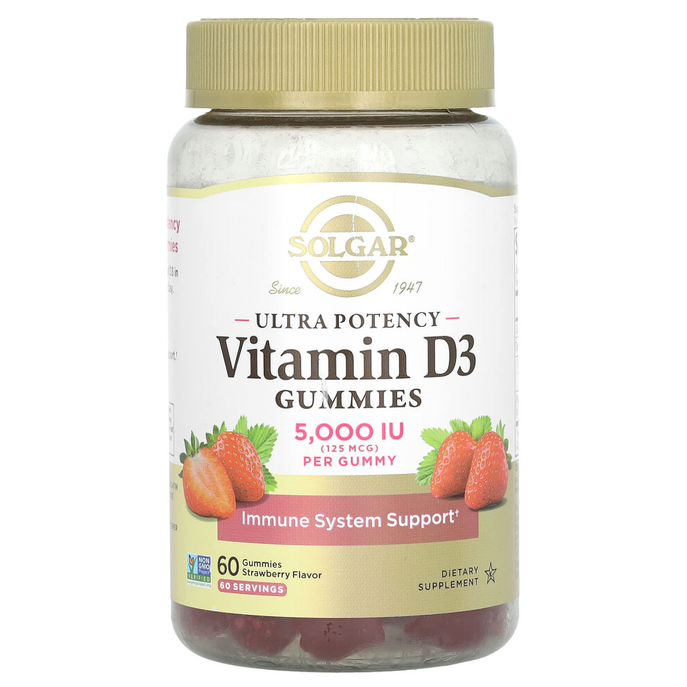 Solgar , Ultra Potency Vitamin D3 Gummies, Strawberry, 125 Mcg (5,000 Iu), 60 Gummies