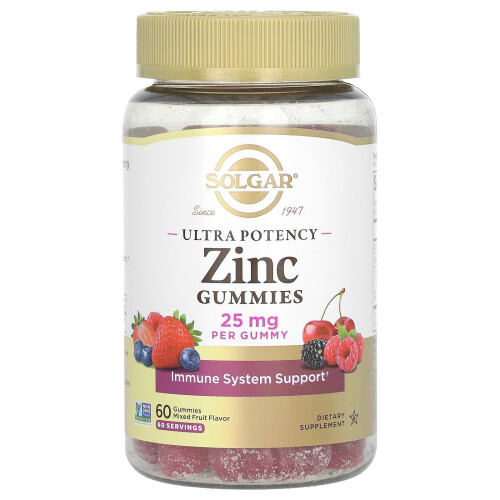 Solgar Solgar, Ultra Potency Zinc Gummies, Mixed Fruit, 25 mg, 60 Gummies