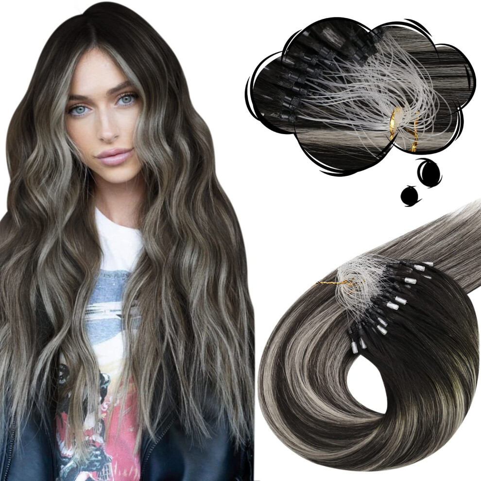 Moresoo Unisex Black,Silver Micro Loop Human Hair Extensions 16 Inch Natural Hair Extensions Microlink Hair Extensions Color #1B Off Black To Silver Highlight #1B Microbe