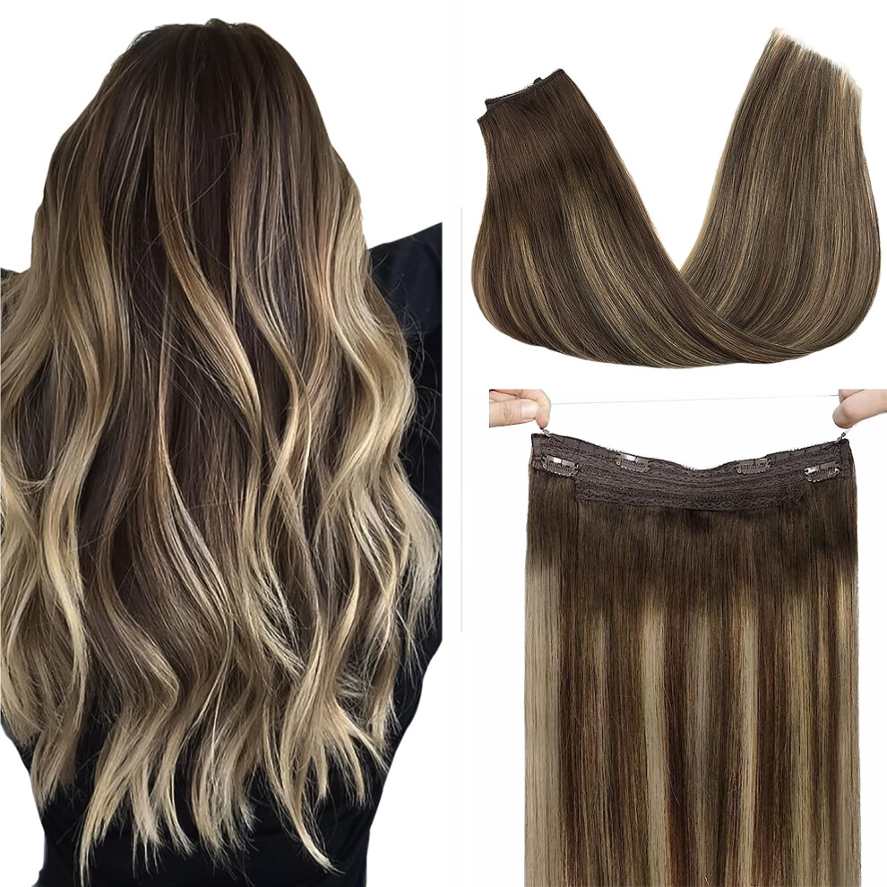 Goo Goo Unisex Brown Wire Hair Extensions Human Hair 4/26/4 Chocolate With Honey Blonde Balayage 16Inch 95G Invisible Wire Hair Extensions With Transparent
