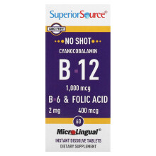 Superior Source, Cyanocobalamin & B-12 & B-6 & Folsäure, 1.000 mcg & 2 mg & 400 mcg, 60 MikroLingual Instant-Tabletten