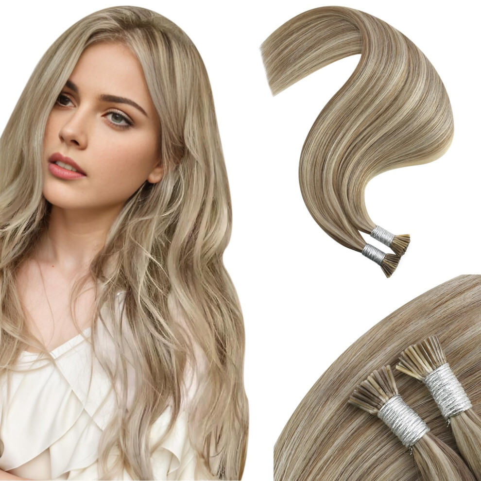 Moresoo Unisex Brown,Silver I Tip Hair Extensions Human Hair Blonde Highlight Itip Human Hair Extensions Light Brown Highlight With Platinum Blonde Itip Pre Bonded Hair E