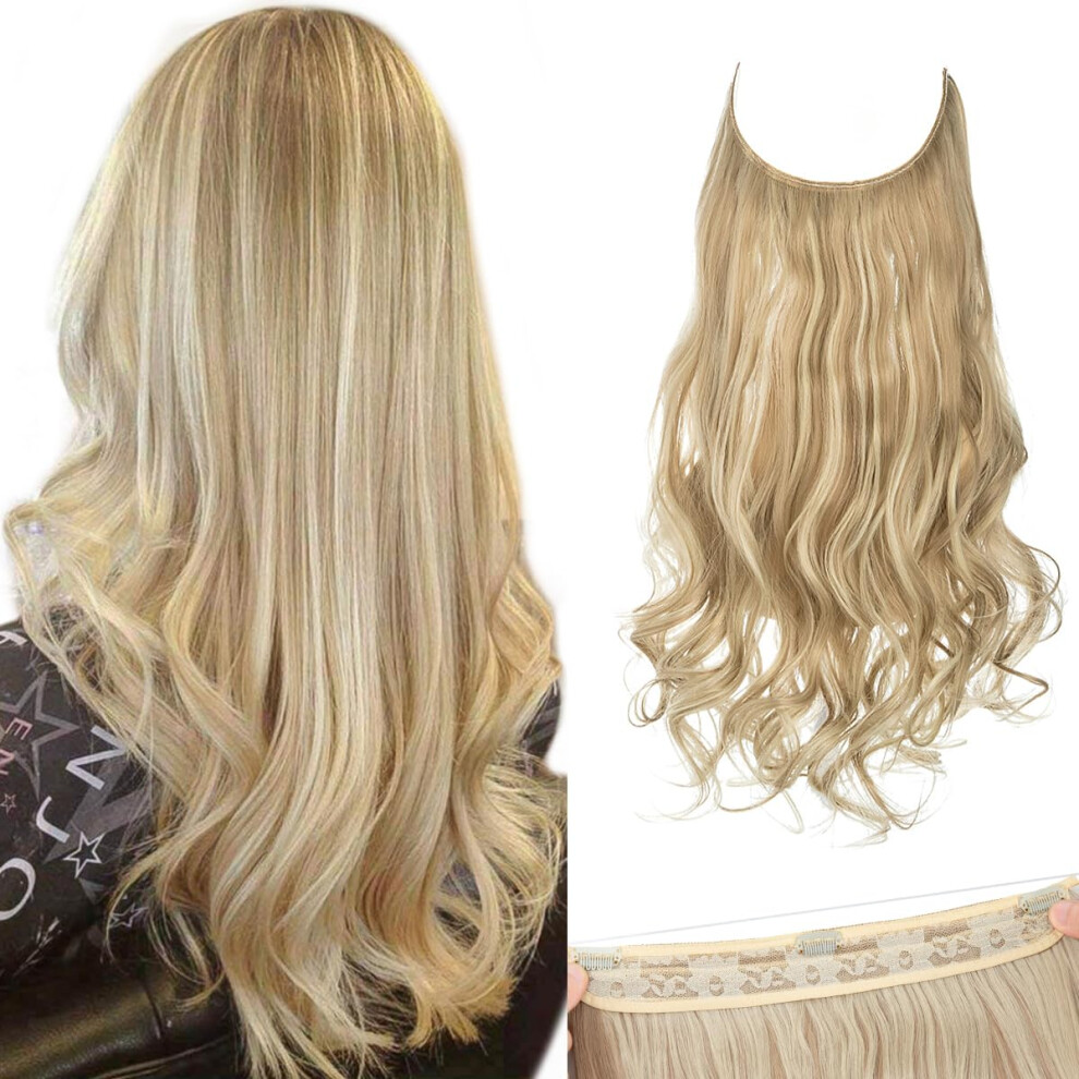 Sarla Unisex Not,Specified Invisible Wire Hair Extensions With 3 Clips Dirty Blonde Short Synthetic Wavy Curly Hairpiece Highlights Adjustable Transparent Headband For Wom