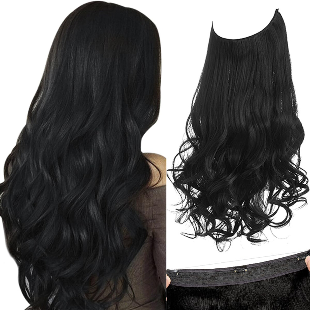 Sarla Unisex Black Invisible Wire Hair Extensions Wavy Curly Synthetic Hairpiece Adjustable Headband Long 16 Inch For Women No Clip