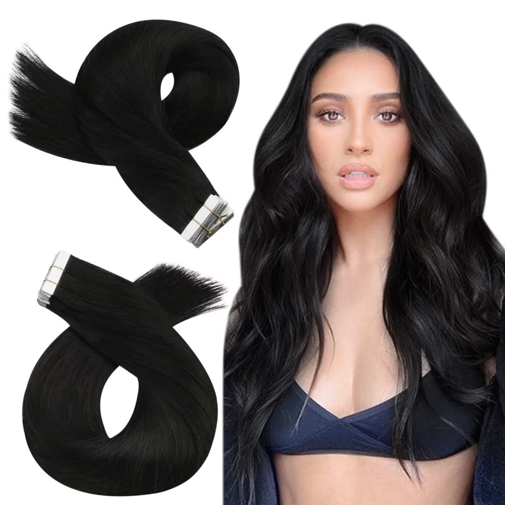 Moresoo Unisex Black Hair Extensions Tape In 20 Inch Tape In Remy Hair Extensions 20Pcs Invisible Pu Tape In Hair Extensions #1B Off Skin Weft Tape In
