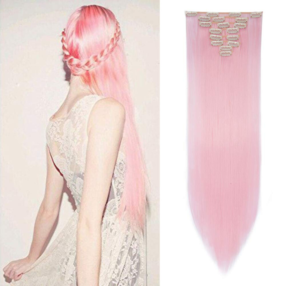Benehair Clip In Hair Extensions 8Pcs 26Inch Long Straight Synthetic Hairpieces Light Pink Hair Extensions Double Weft Hairpieces For Women Full Head
