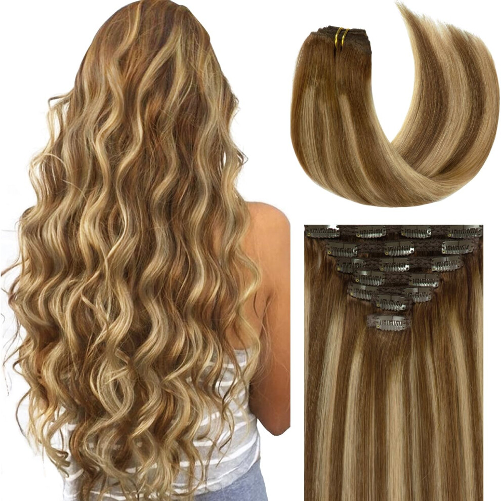 Snï¿½L Unisex Brown Lacer 22 Inch Highlight Chocolate To Caramel Blonde Remy Clip In Human Hair Extensions Straight Balayage Real Natural Hair Extensions 140G 7Pcs