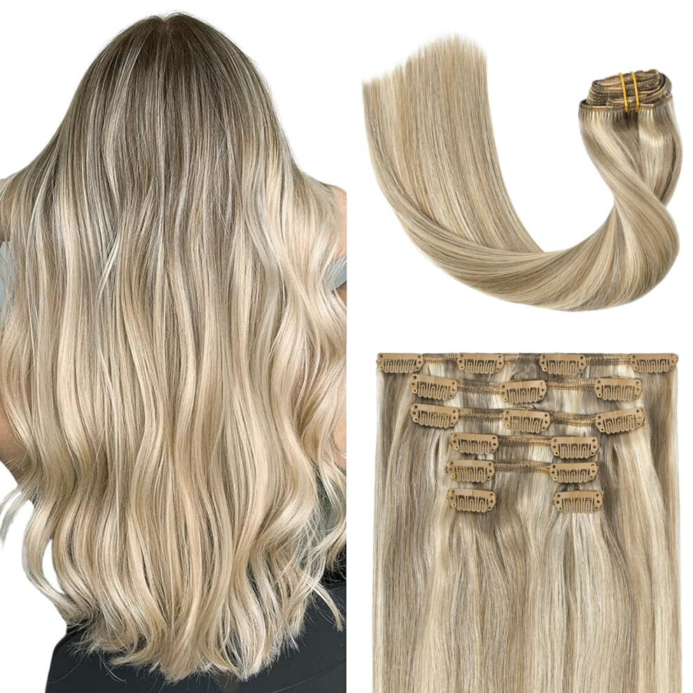 Ugotrays Unisex Blonde Clip In Hair Extensions Real Human Hair - 20 Inch 70G Ash Blonde Mixed Bleach Blonde Straight 7Pcs Double Weft - 100% Remy Human Hair