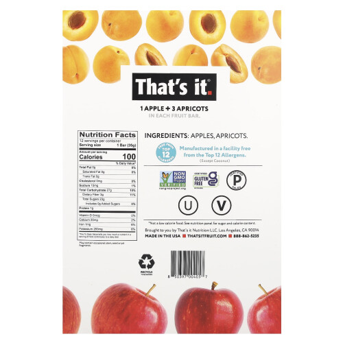 That's It, Fruit Bars, Apple + Apricots, 12 Bars, 1.2 oz (35 g) Each 2
