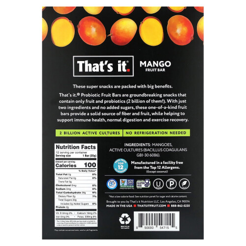That's It, Probiotics + Prebiotics  Fruit Bar, Mango, 12 Bars, 1.2 oz (35 g) Each 2