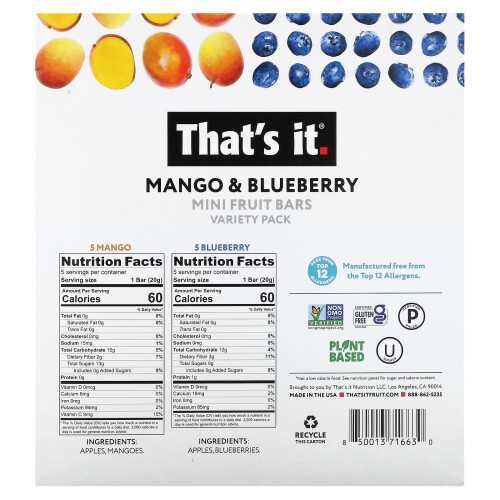 That's It, Mini Fruit Bars,  Variety Pack, Mango & Blueberry, 10 Bars, 0.7 oz (20 g) Each 2