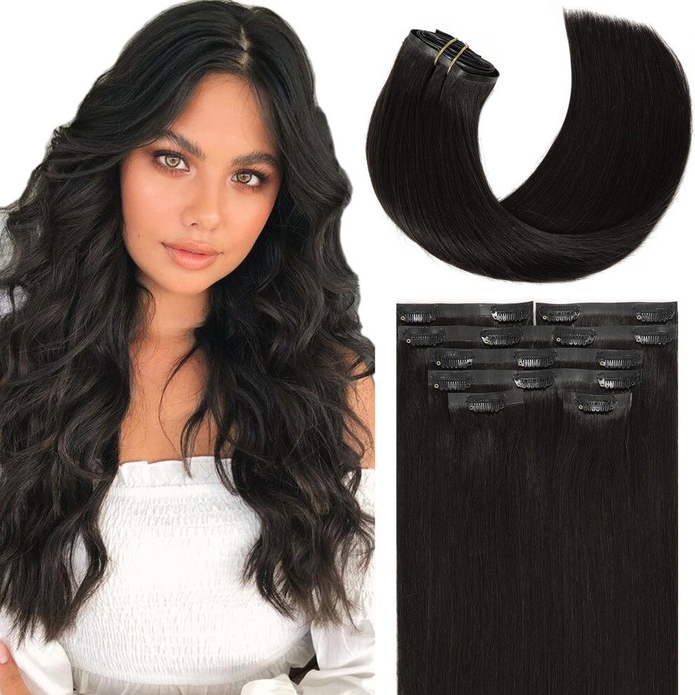 Loxxy Seamless Hair Extensions Clip In Human Hair For Women Ultra-Invisible Pu Weft Clip On Hair Extensions Natural Black #1B Color 14Inch 7 Pieces Th